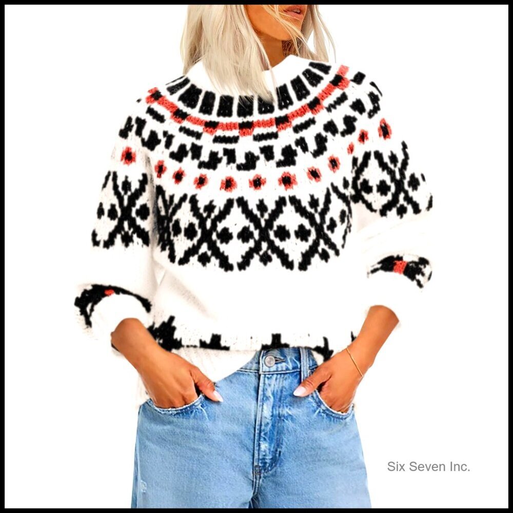 Vintage Fair Isle Sweater Chunky Knit Pullover Long Sleeve Crew Neck